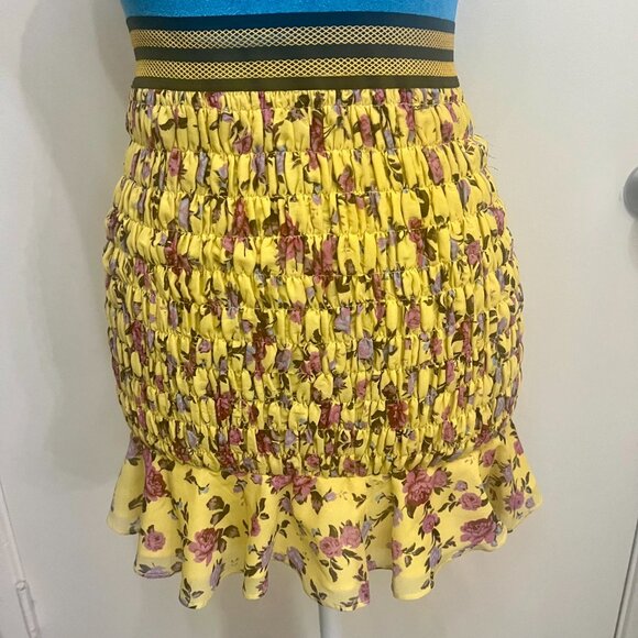 For Love & Lemons Odette Silk Smocked Floral Skirt Ruffled Yellow Size XSYellow - Picture 2 of 11